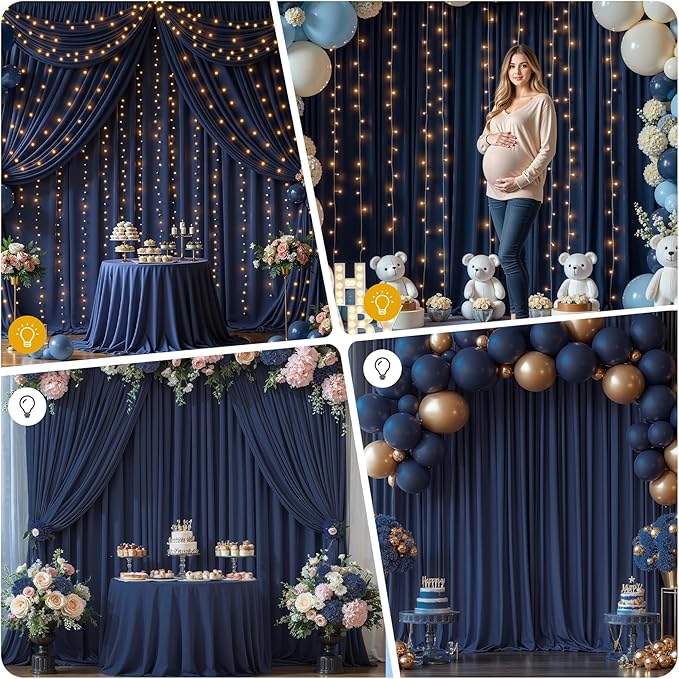 20 x 10ft Navy Blue Backdrop Curtains with Lights String Wrinkle Free Polyester Photo Backdrop Drapes Soft Fabric Curtains for Graduation Birthday Parties Wedding Shower Reception Events-5 x 10ft x 4P