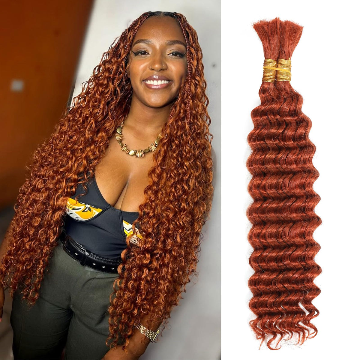 DSEKCAIN 350# Deep Wave Human Braiding Hair Bundles For Boho Braids Ginger Color Crochet 100% Human Hair Deep Curly 100g (2 of 50g) 16 Inch