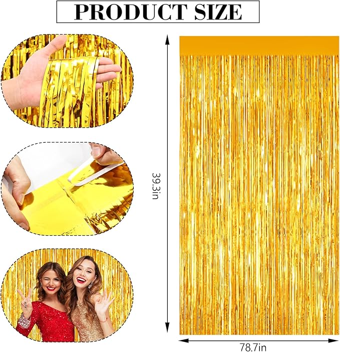 2Pack Gold Tinsel Backdrop, Birthday Decorations Foil Curtain Backdrop Gold Streamers Dance Party Door Decorations Photo Booth Props for Bachelorette Graduation Decorations Xas Halloween New Years Eve