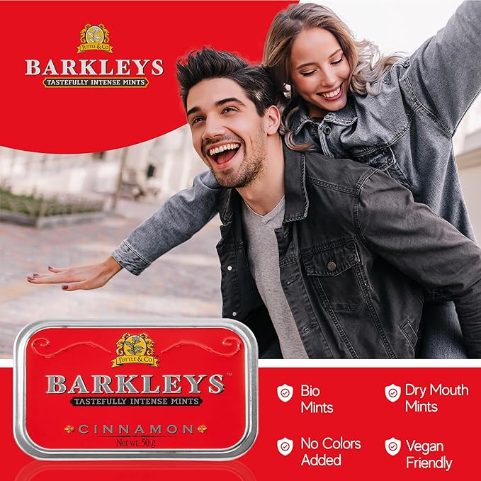 Barkleys Cinnamon Breath Mints -Strong Cool Cinnamon Candy, Breath Freshener, After Dinner Mints In Reusable Classic Travel Tins, Vegan, 6 Pack - 50 Count Each