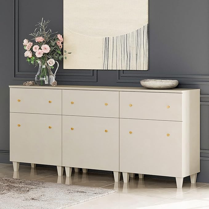 WAMPAT Set of 3 Storage Cabinets, 70.8" Kitchen Sideboards with Drawers and Doors, Modern Beige Coffee Bar Cabinets with Adjustable Shelves and Solid Legs for Living Room, Entryway, Hallway