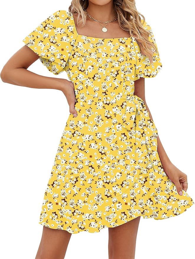 Sampeel Womens Summer Dresses Square Neck Puff Sleeve Tie Waist Short Dress
