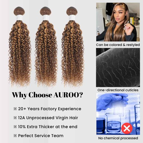 AUROO #P4/27 Highlight Kinky Curly Bundles Human Hair 10 12 14 In, Honey Blonde Highlight Brazilian Tight Curly Bundles Thick Track 12A 100% Virgin Ombre Brown Colored Human Hair 3 Bundles Remy Sew In
