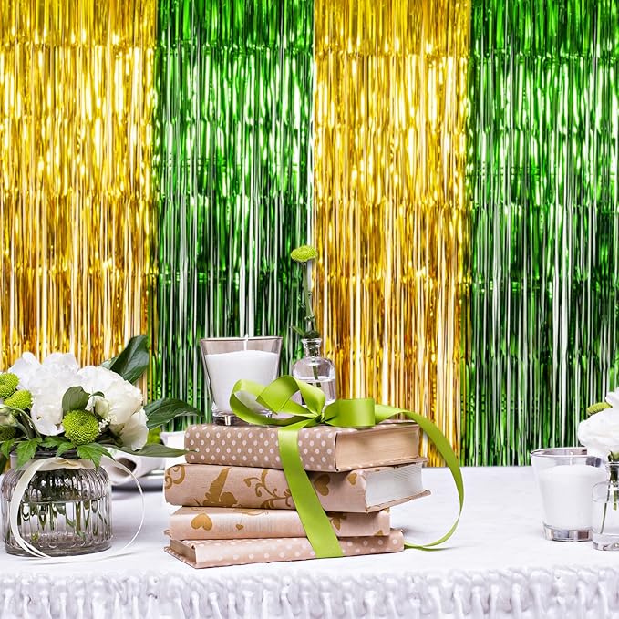 LOLStar Graduation Party Decoration, 4 Pack Green and Gold 3.3x6.6 ft Foil Fringe Curtains, Tinsel Backdrop, Graduation Photo Booth Prop Streamer Backdrop for Class of 2026, Prom and Grad Party Decor
