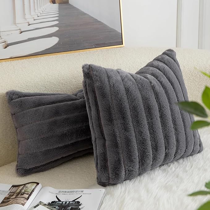Pack of 2 Faux Fur Throw Pillow Covers 12x20 Inch Striped Decorative Soft Plush Couch Pillow Case Home Decor for Bed, Sofa, Living Room Darkgrey