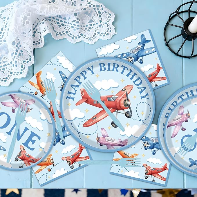 Rakuto Airplane 1st Birthday Party Decorations, 96PCS Time Flis Disposable Paper Plates and Napkins Decorations, Airplane First Birthday Forks Decor Supplies for One Years Old Boys Girls Serve 24