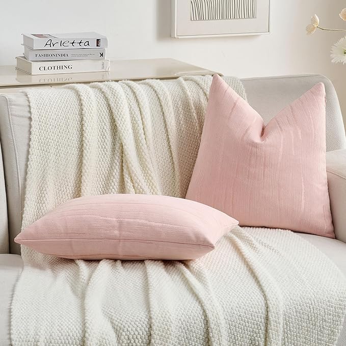 FUTEI Pink Chenille Decorative Throw Pillow Covers 24x24 Inch Set of 2,Soft Embossed Striped Textured European Cushion Case,Modern Home Decor for Couch Bed Living Room