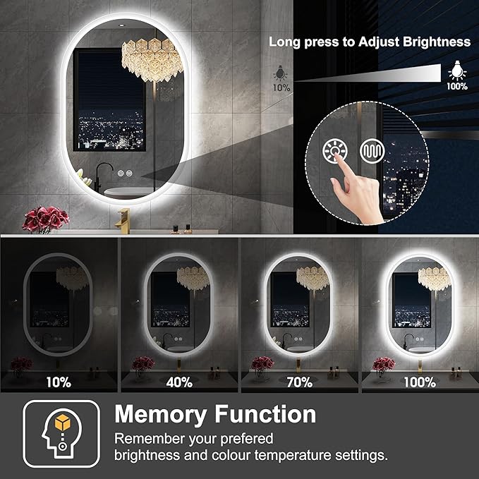 S'bagno 24x36 Inch Oval LED Mirror for Bathroom with Front and Backlight, Anti-Fog, 3 Colors Temperature & Dimmable, Bathroom Mirror with Lights with Memory Function, Waterproof, Shatter-Proof