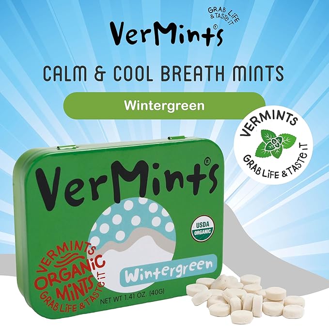 VerMints Organic Breath Mints Wintergreen - Real Long-Lasting Refreshment, Travel Size Tin - Non-GMO, Vegan, Nut Free, Gluten Free & Kosher Organic Candy Mints- 1.41oz Tins (Pack of 6)