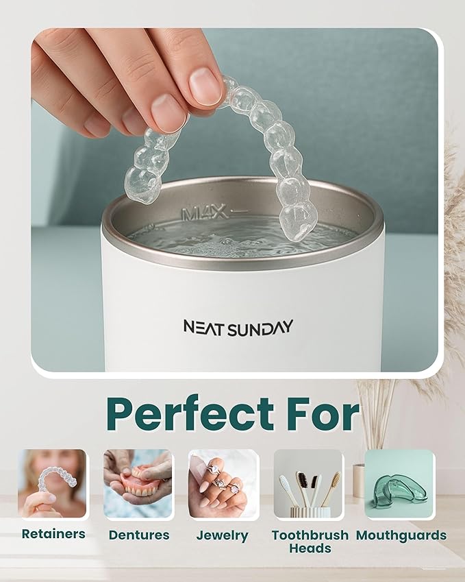 Ultrasonic Retainer Cleaner Machine - Aligner Cleaner for Night guard, Retainer, Denture, Toothbrush, Jewellery, 2 Easy Cleaning Modes with 1000 mAh Battery
