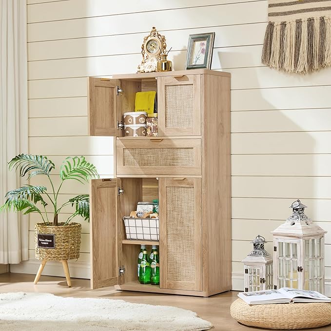 LEYAOYAO 48" Tall Storage Cabinet,Rattan Bathroom Floor Cabinets with 4 Doors & 1Drawer,Boho Kitchen Pantry with Adjustable Shelves,Wooden Cupboard for Living Room,Home Office,Dining,Natural Wood