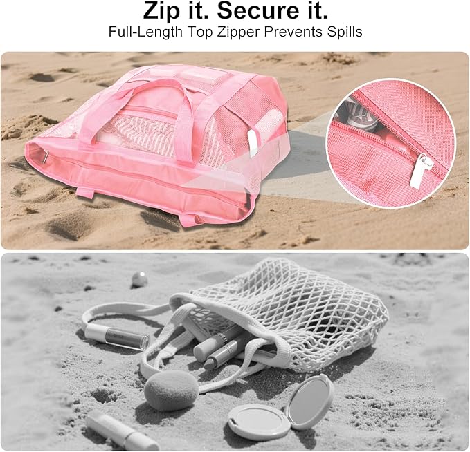 Mesh Beach Bags for Family - Women Beach Tote Bag for Toys, Towels, Travel Vacation Cruise Essentials