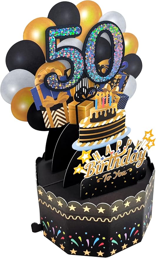 50th Birthday Cards 3D Popup Birthday Greeting Cards - Birthday Greeting Card for Men, Women, Mom and Dad with Blank Note and Envelope Included (Black Gold)