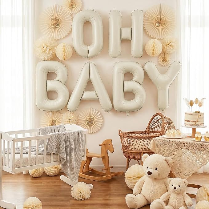 Biapian 40 Inch OH BABY Letter Balloons, Big Beige Foil Balloons, 6 Pcs Giant Alphabet Large Balloon Neutral Balloon Banner Sign for Baby Shower Birthday Gender Reveal Party Decoration