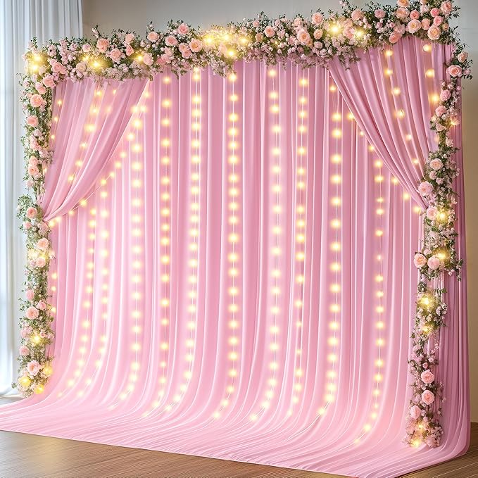 20 x 10ft Pink Backdrop Curtains with Lights String for Valentine’s Day Photo Backdrop Drapes Wrinkle Free Polyester Curtain Backdrop for Girls Birthday Party Wedding Reception Baby Shower-5 x 10ft 4P