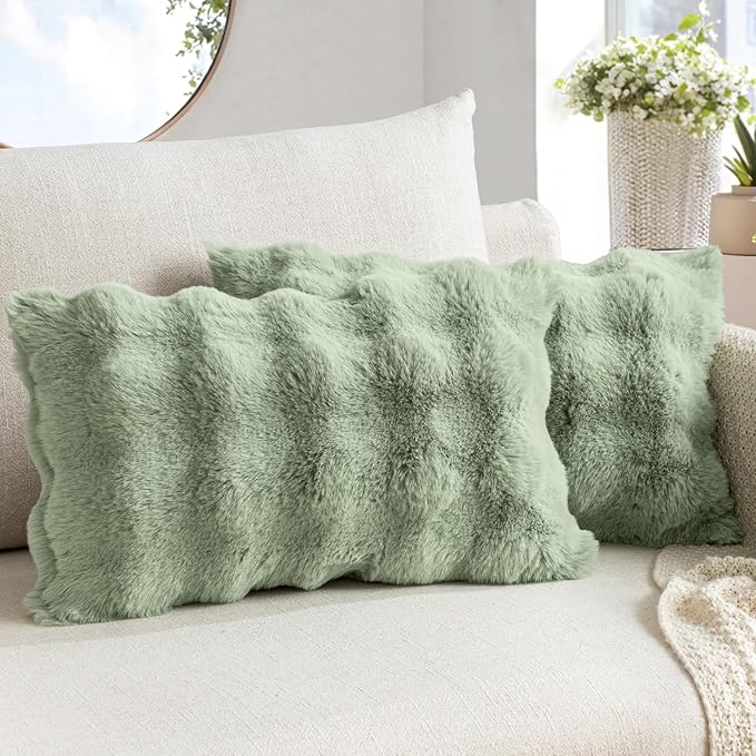 MIULEE Faux Fur Pillow Covers Thick Soft Plush Lumbar Throw Pillows Luxury Home Decor for Couch Bed Bedroom Living Room Sofa,12x20 Inch Pack of 2 Sage Green