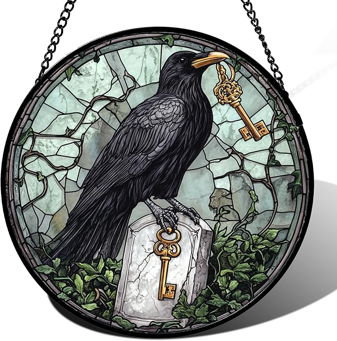 Stained Glass Window Hanging - Halloween Crow Holding A Key Suncatcher for Doors Garden Home Spooky Green Vines Sun Catchers Gothic Decor Horror Gift for Women Men Friend Boy Girl 7.8 in