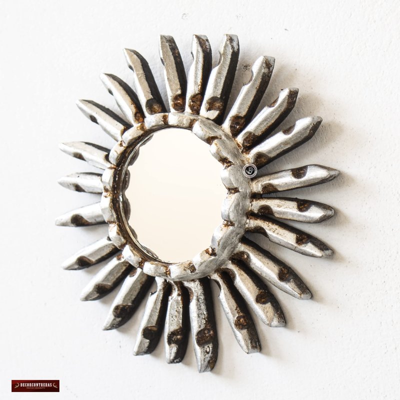 DecorContreras Small Sunburst Mirror with Silver Leaf Finish - Peruvian Carved Wood Round Mirror for Wall Art - Unique Gift for Her or Home (Silver)