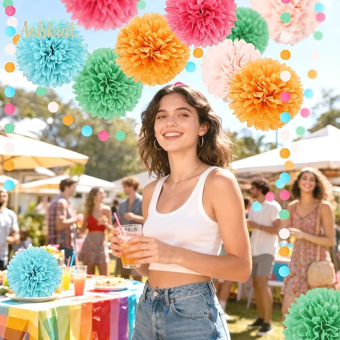 AOBKIAT Rainbow Birthday Decorations for Girls Women,15PCS Colorful Tissue Paper Pom Poms,Paper Garland String,for Candyland Theme Baby Shower Wedding Fiesta Party Hanging Backdrop