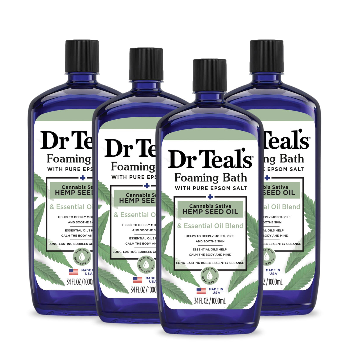 Dr Teal's Foaming Bath with Pure Epsom Salt, Cannabis Sativa Hemp Seed Oil, 34 fl oz (Pack of 4)