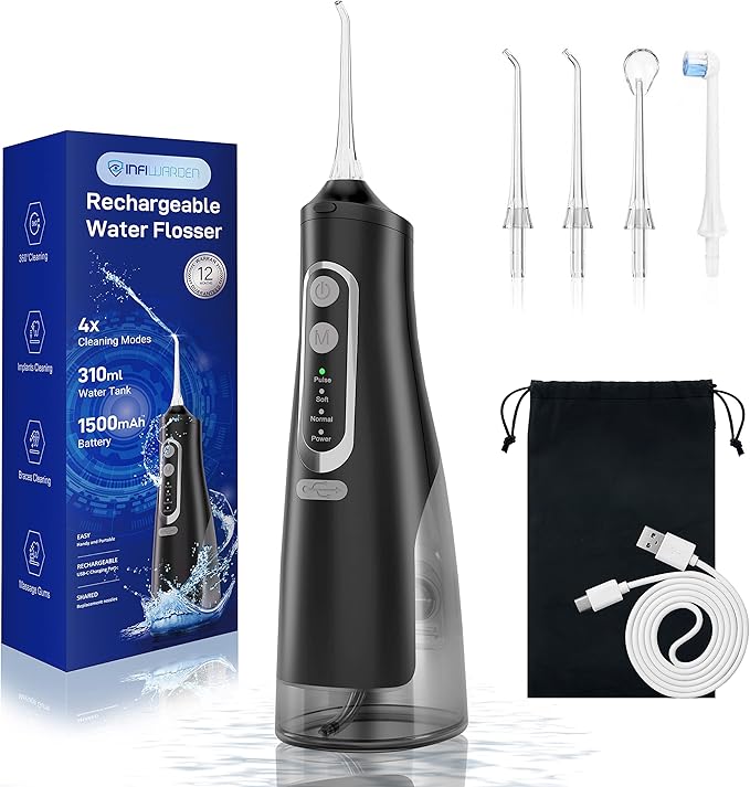 Cordless Water Flosser Teeth Cleaner Dental Oral Irrigator Picks Portable and Rechargeable 310ml Water Tank IPX7 Water Proof for Home and Travel Infiwarden (Black)