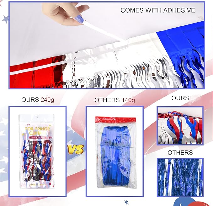 LOLStar 4th of July Decorations,Red White and Blue 3 Pack Wave Tinsel Foil Fringe Curtains, Memorial Day Photo Booth Prop Streamer Backdrop for Patriotic America Party, Independence Labor Day
