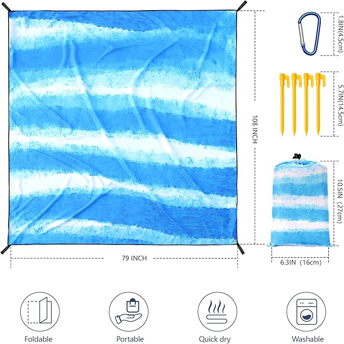 WIWIGO Beach Blanket Waterproof Sandproof Beach Mat 79" X 83"/10'x9'for 2-8 Adults Quick Drying Outdoor Picnic Mat Beach Accessories for Travel, Camping, Hiking