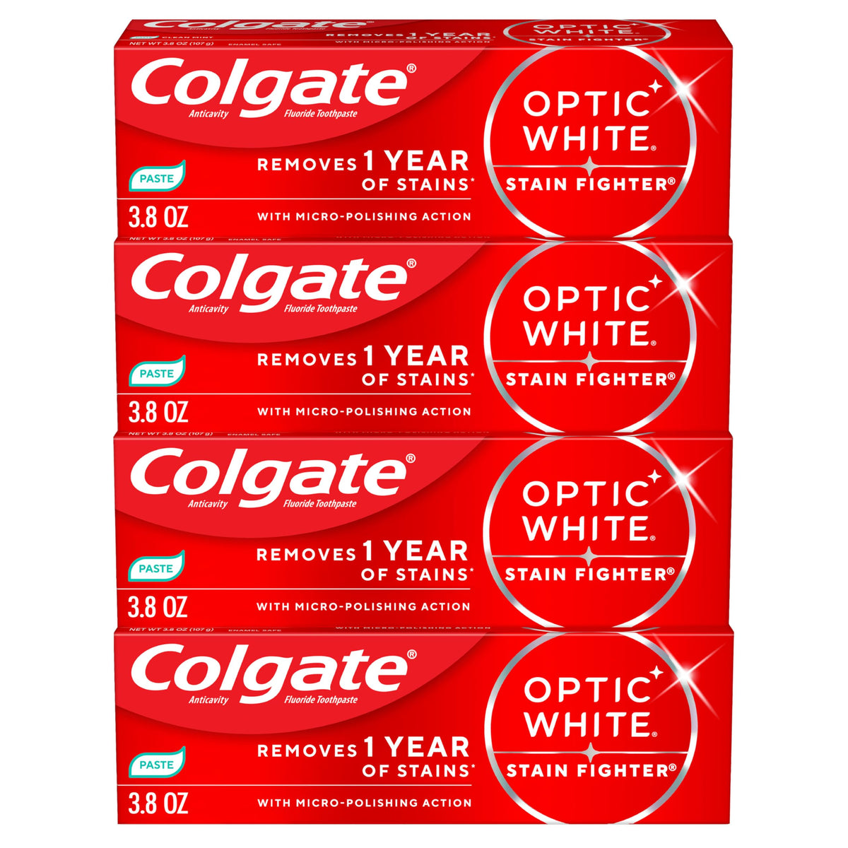 Colgate Optic White Stain Fighter Clean Mint Paste Teeth Whitening Toothpaste, 4 Pack, Anticavity Toothpaste with Fluoride, Enamel Safe Teeth Stain Remover, 3.8 OZ