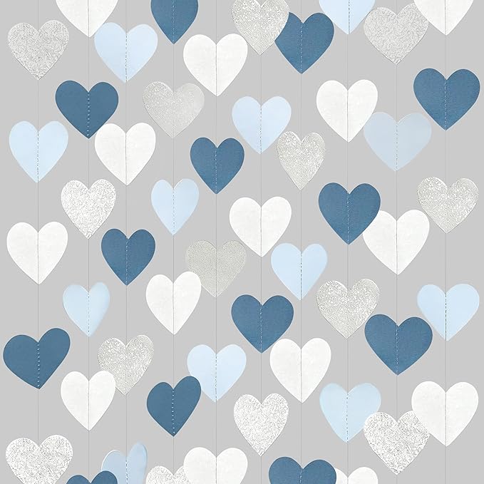 Silver Blue White Heart Party Decorations Dusty Blue Glitter Paper Silver White Love Heart Hanging Garland Streamer Banner for Birthday Baby Shower Valentines Day Anniversary Wedding Party Supplies
