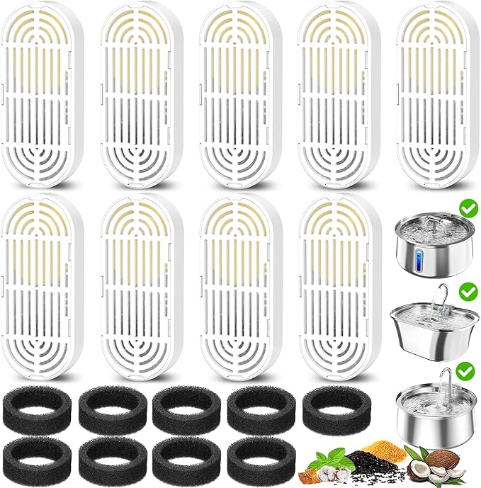 Cat Water Fountain Filters for 108/3.2L& 4L/134oz Stainless Steel Pet Water Dispenser Fountain Filters (6 Filters& 6Sponges) (9 Filters& 9 Sponges)
