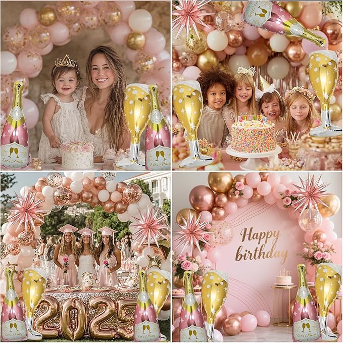 91 Pcs Rose Gold Balloons, Huge Explosion Star Balloons Champagne Bottle Goblet Aluminum Foil Balloon for Birthday, Bachelorette, Bridal Shower, Wedding, Engagement Party Decorations Supplies