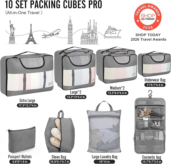 Veken 10 Set Packing Cubes for Travel Essentials, Suitcase Organizer Bags in 4 Sizes, Carry-On Luggage Accessories with Large Laundry Bag & Passport Holder, Must-Have for Airplane, Road Trip & Camping
