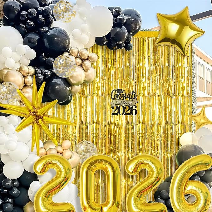 Graduation Balloon Garland Arch Kit for Graduation Decorations Class of 2026 - Black Gold and White Balloons Different Sizes 5 12 18 Inch Graduations Balloons Arch for Grad Party Supplies