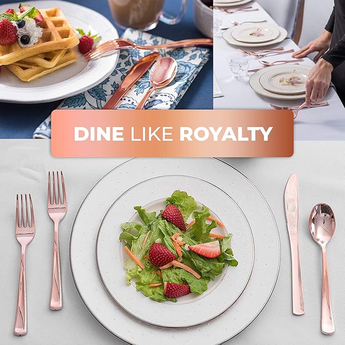 75-Pcs Heavy Duty (Rose Gold) Plastic Silverware Set, Disposable Cutlery Set, Great for Parties, Weddings, and Catering, Flatware Utensils Included: 25 Forks, 25 Spoons, 25 Knives, Packaging May Vary