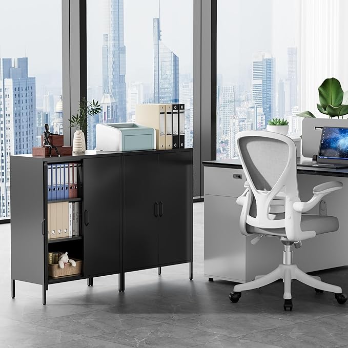 Metal Locker Storage Cabinet, Accent Sideboard Cabinet with Adjustable Shelves for Home Office, Garage, Kitchen, Living Room (Black, 40" H-Metal Doors)
