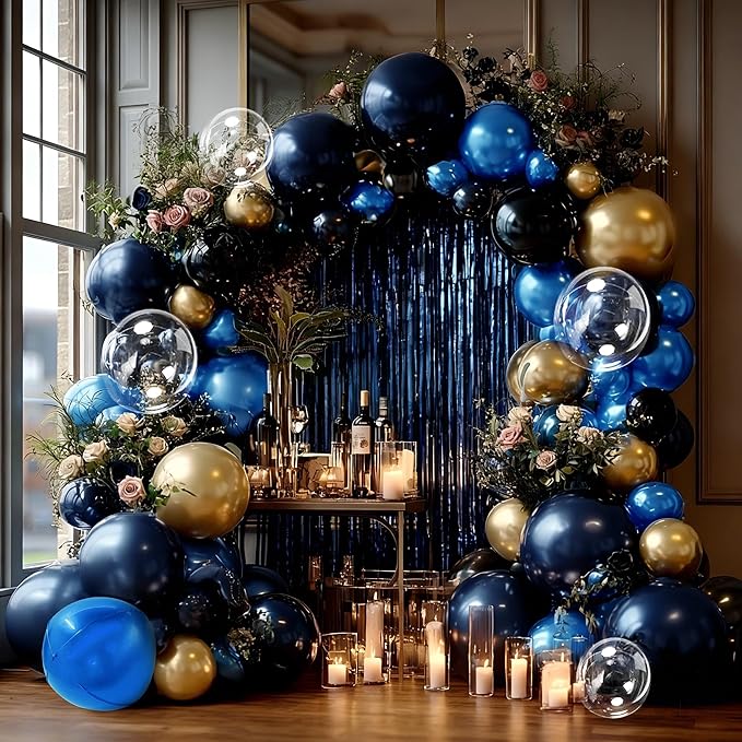 Navy Blue Black Balloon Arch Double Stuffed Dark Royal Blue Black Gold Balloon Garland Kit Banner Fringe Curtain Foil Balloons for Birthday Graduation Wedding Anniversary Space Baby Shower Decor