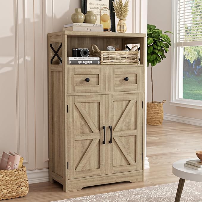 Natural Storage Cabinet with Doors and Shelves, Standing Kitchen Pantry Cabinet, Floor Storage Hutch Cupboard, Coffee Bar Station for Dining, Living Room, Home Office