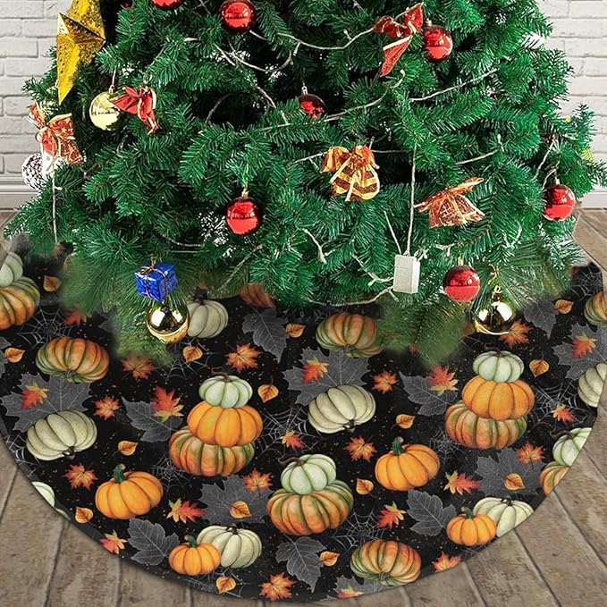 Fall Tree Skirt 48 inch, Thanksgiving Halloween Christmas Tree Skirts Ornaments Decorations, Pumpkin Maple Leaf Spider Web Design for Xmas Party Indoor Outdoor Decor