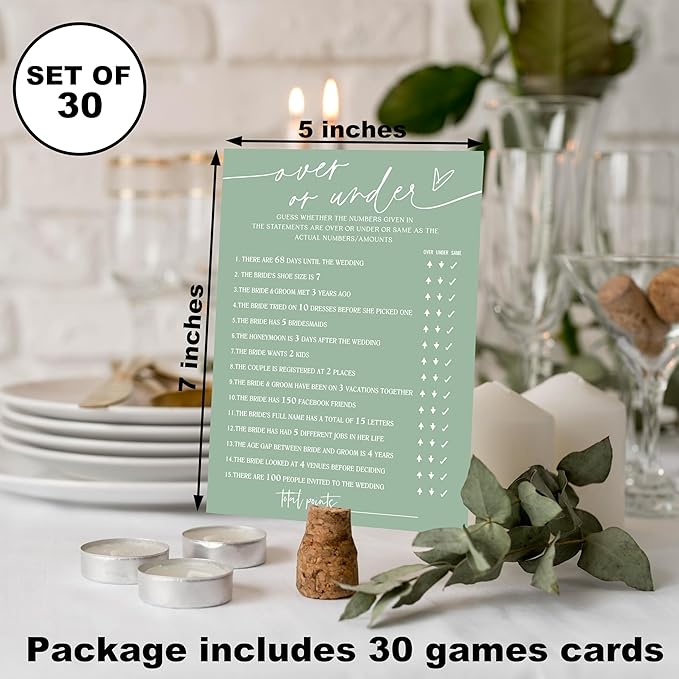 Over or Under Game Cards, Sea Green Bridal Shower Games, 30 Elegant Wedding Game for Bachelorette Engagement Party Reception Supplies - A11