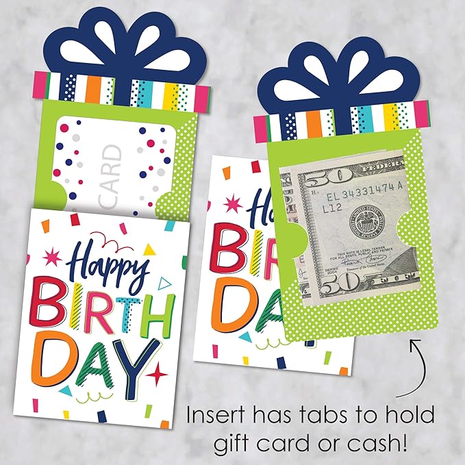 Big Dot of Happiness Cheerful Birthday Gift Card Holders - Colorful Celebration Money and Gift Card Sleeves, Premium Presentation Set with Envelopes, 8 Pack