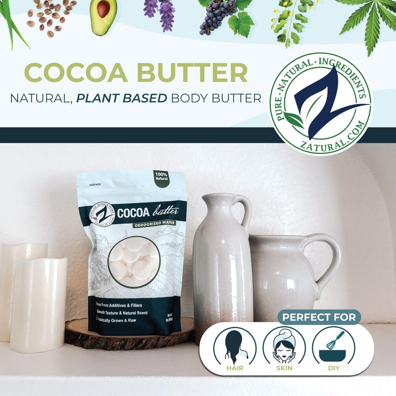 Zatural Raw Cocoa Butter Wafers Deodorized – 100% Pure Food-Grade Prime-Pressed Cocoa Butter, Neutral Scent, for DIY Lotion Lip Balm Soap Chocolate & Candles (16 oz Wafers)