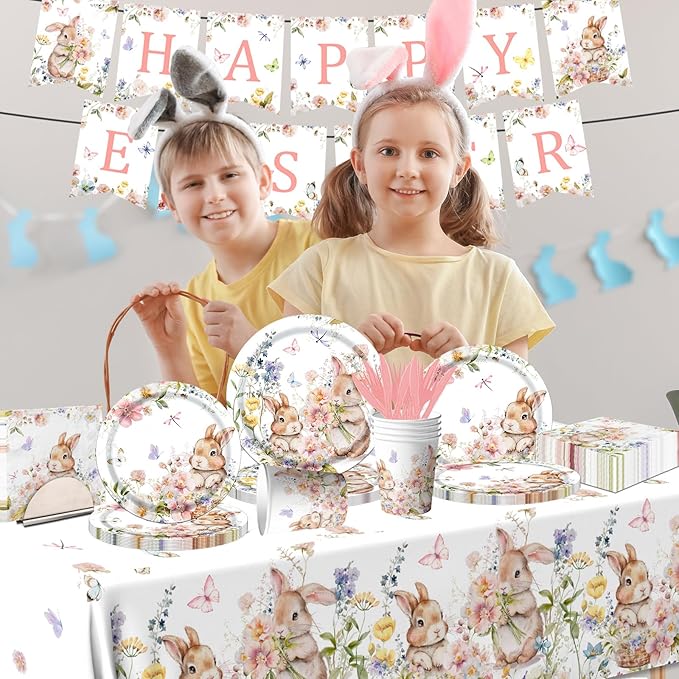 Easter Bunny Decorations-142Pcs Floral Bunny Tableware Happy Easter Plates and Napkins Kit Vintage Rabbits Spring Party Supplies for Kids