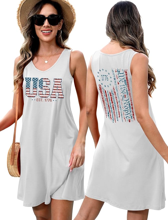 LHBNK 4th of July Dress for Women: American Flag Tank Dresses Star Striped Splicing Loose V Neck Sundresses
