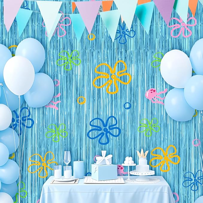4 Pack Cartoon Sponge Theme Party Decorations 3.2ft X 8.2ft Under the Sea Party Supplies Flowers Bubbles Jellyfish Foil Fringe Photo Backdrop Decor for Birthday Sponge Party Photo Props