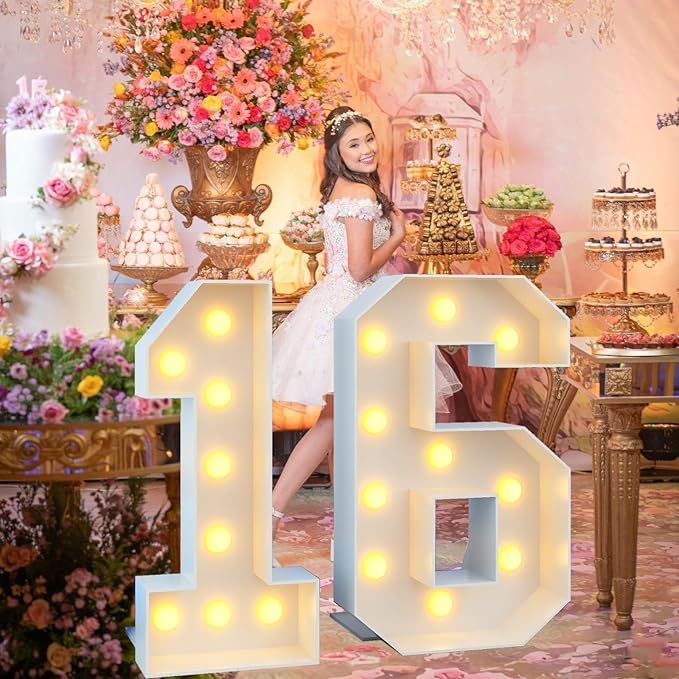 4ft Light Up Numbers Marquee 16 Numbers with Lights White Slots-in Frame for Men Women 16th Birthday Party Decorations Pre-Cut Mosaic Cardboard Large Cut-Out Thick Foam Board Sign Anniversary