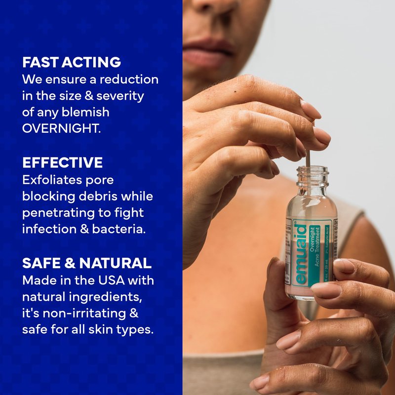 EMUAID Overnight Acne Treatment, Gentle Fast-Acting Solution with Salicylic Acid for Adults and Teens, Clears Stubborn Pimples, Cystic Acne, Blackheads, Rosacea, and Hormonal Breakouts, 1oz
