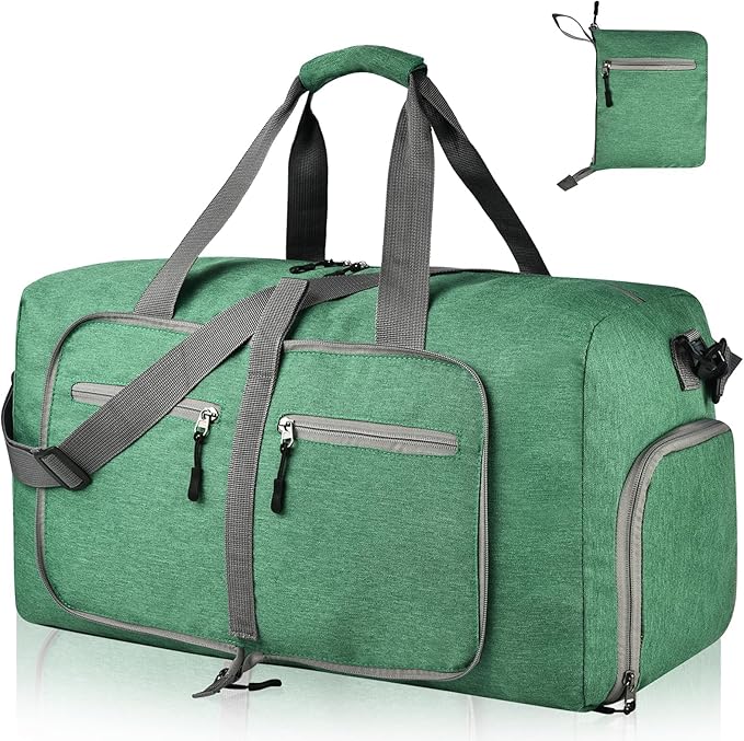 Dimayar 65L Travel Duffle Bag for Men Women - Foldable Duffel Bag with Shoes Compartment - Overnight Bags Waterproof & Tear Resistant(Forest Green)