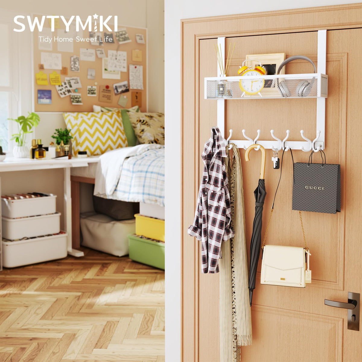 SWTYMIKI Over The Door Hook with 16 Hooks & Mesh Baskets - Heavy Duty Over The Door Organizer Hanger for Towels, Coats, Clothes - Space Saving Hanging Rack for Bathroom, Living Room, White