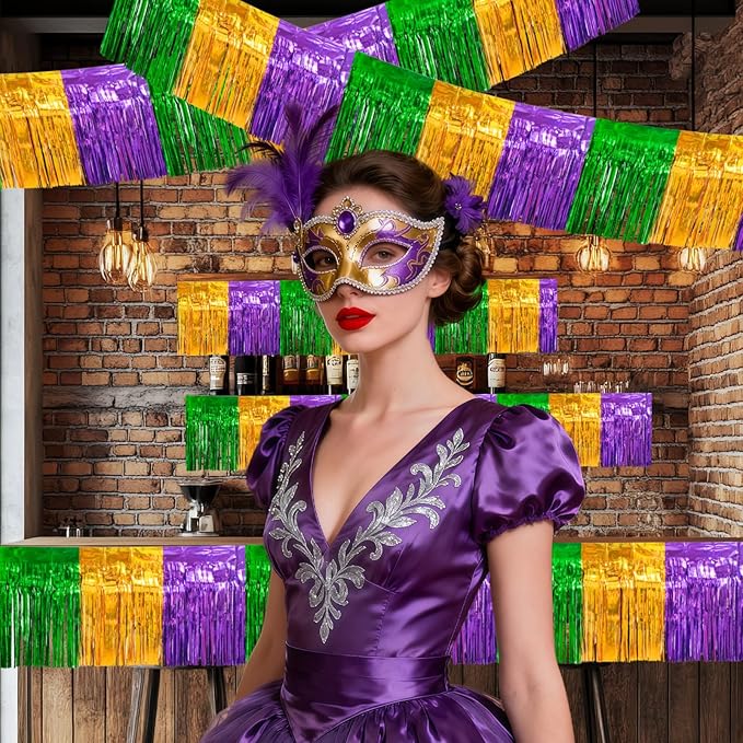 4 Packs 10 Feet Long Foil Fringe Mardi Gras Garland Green Gold Purple Tinsel Metallic Streamers Wall Hanging Birthday Backdrop Banner for Carnaval Car Parade Floats Streamer Decorations