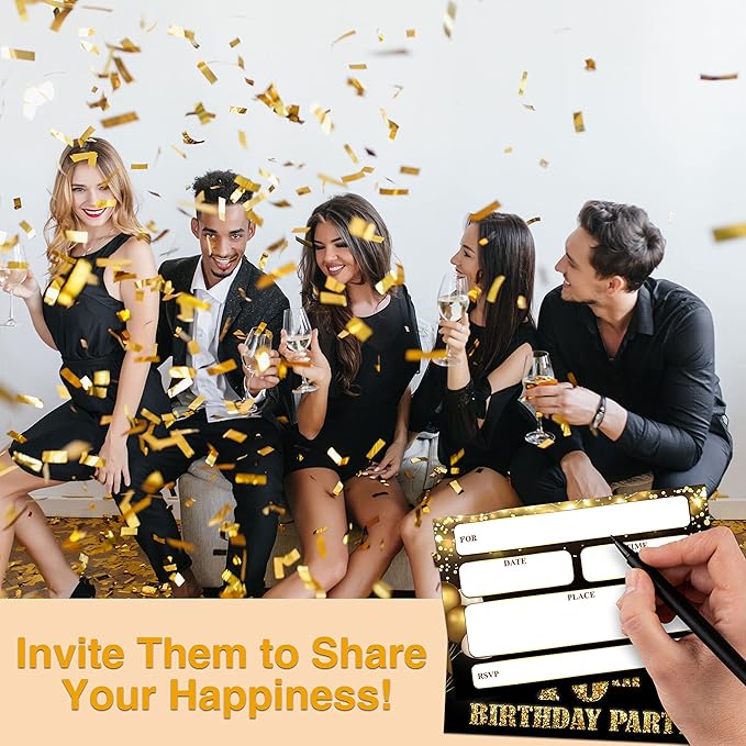 YSTEP 70th Birthday Party Invitations, 20 Black Gold Invite Cards with Envelopes, 4"x6" Foil Balloon Birthday Invites - B13